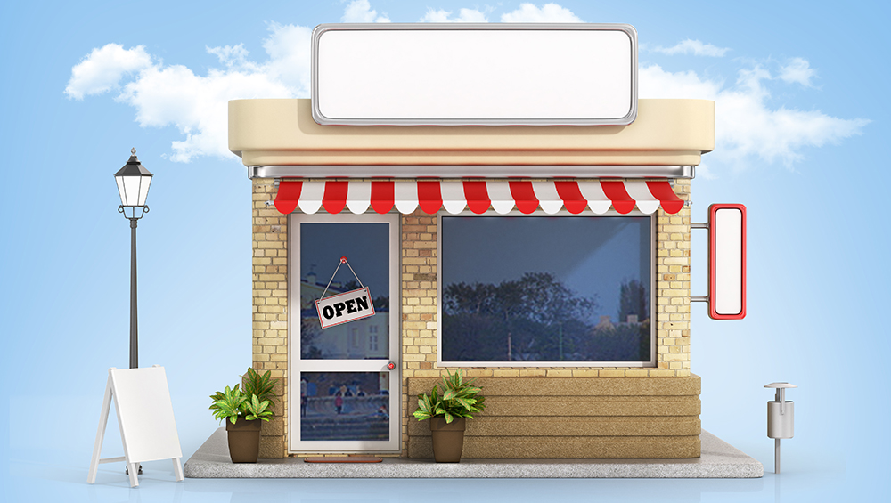 Concept of shop. Store with copy space board on the sky background.
