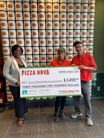 Longtime Pizza Nova franchisees, Freshta and Jawaid Said presents a cheque of $3,200 to Sheryl Wedderburn, CEO of the Canadian Mental Health Association of Durham. The money was raised on July 25th, at the grand opening celebration of Pizza Nova’s second location in Courtice, Ontario. The special of the day was a $3.99 pizza, with proceeds going to the Canadian Mental Health Association of Durham.
