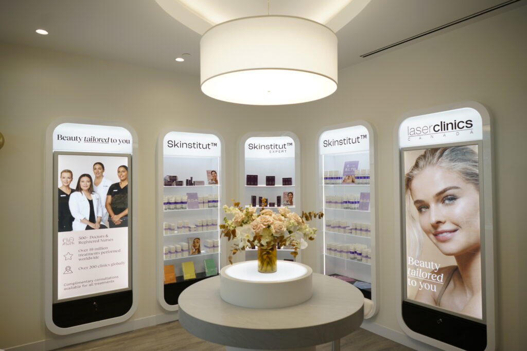 Laser Clinics interior, showcasing their product offering and business mantra, "Beauty Tailored to You."