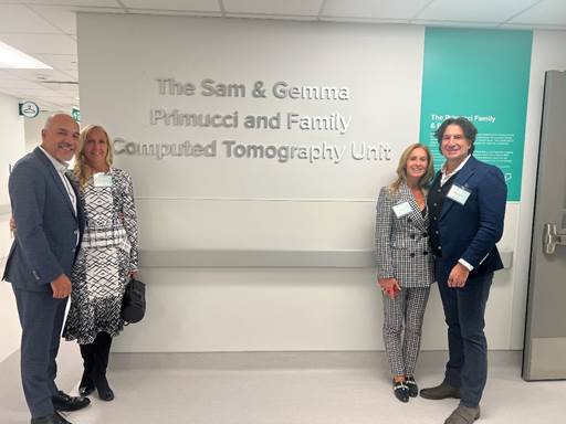 Domenic and Anna Primucci, left, join Lori and Mike Primucci, right, to celebrate the unveiling of The Sam & Gemma Primucci and Family Computed Tomography Unit, February 10, at the new Northpine Diagnostic Imaging Department at Scarborough Health Network (SHN). PHOTO: Pizza Nova.