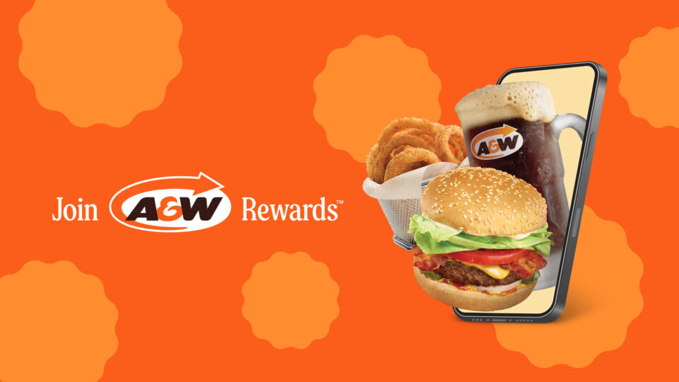 "Join A&W Rewards" text on an orange background with an image of a mobile phone and A&W food offerings.