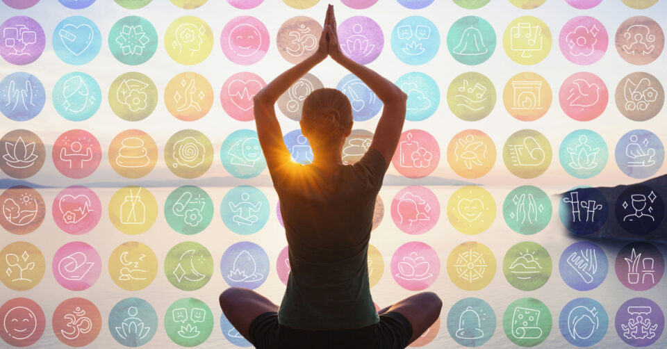 Woman doing yoga beside lake at sunset or sunrise with health and wellness icons around her