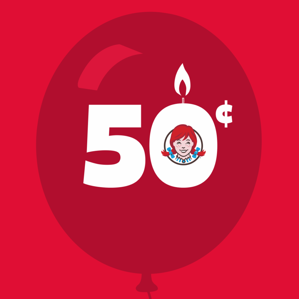 Wendy's Restaurants logo inside of a red balloon with the "50 cents" written on it
